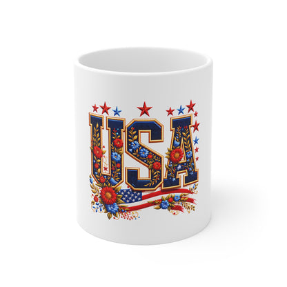 USA Floral Flag Mug — Patriotic 11oz Coffee Cup for 4th of July & Veterans Day