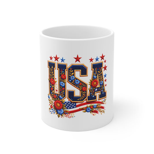 USA Floral Flag Mug — Patriotic 11oz Coffee Cup for 4th of July & Veterans Day