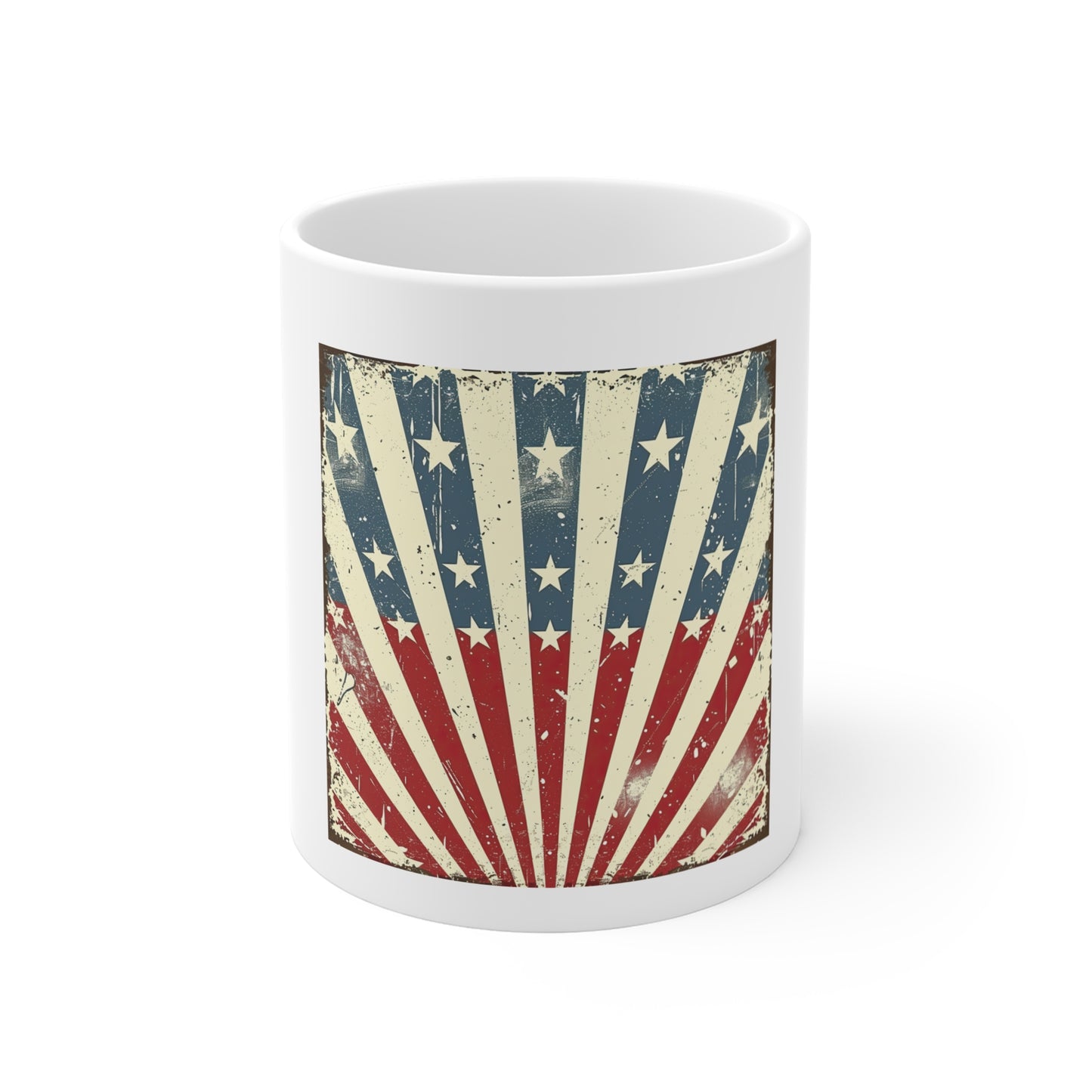 Retro American Flag Sunburst Coffee Mug – Vintage Patriotic USA Mug – Vertical Stars & Stripes 11oz Ceramic Cup – Americana Gift