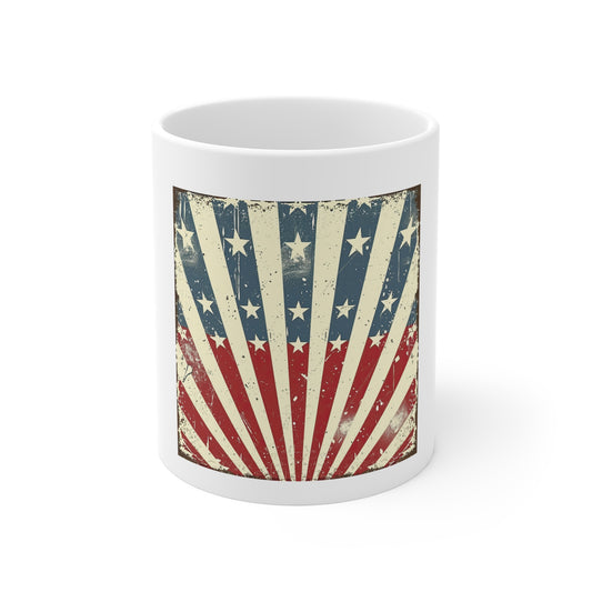 Retro American Flag Sunburst Coffee Mug – Vintage Patriotic USA Mug – Vertical Stars & Stripes 11oz Ceramic Cup – Americana Gift