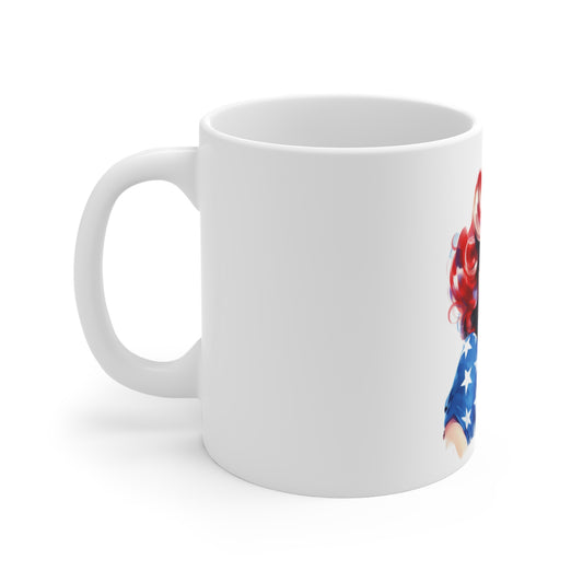 Patriotic Pin Up Portrait Mug – Bold Americana Woman Coffee Mug – Red White Blue Retro Beauty Cup – Vintage USA Art Mug – Gift for Her Patriotic Pin-Up Mug — Retro American Flag Woman Coffee Cup...