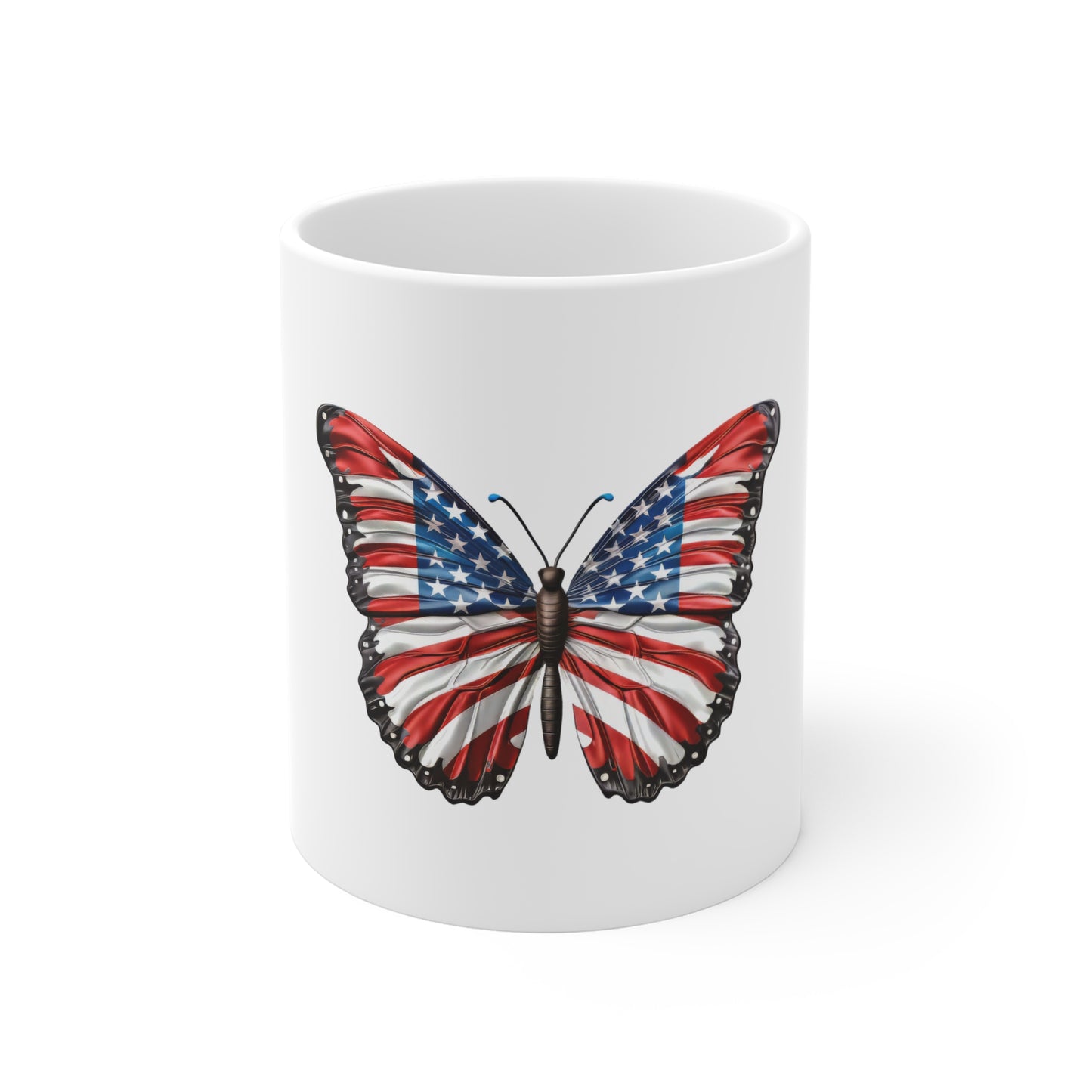 Classic American Flag Butterfly Mug – Bold Patriotic Butterfly Coffee Mug – Red White Blue USA Wing Design – Timeless Americana Gift American Flag Butterfly Mug – Patriotic 11oz Coffee Cup