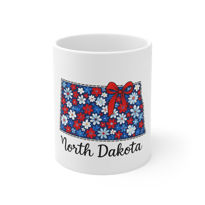 North Dakota Floral State Map Mug — 11oz Red & Blue Daisy Coffee Cup
