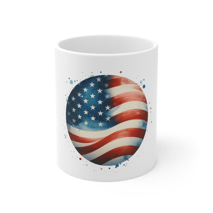 Round American Flag Coffee Mug – Watercolor USA Circle Flag Mug – Patriotic Stars and Stripes Cup – Artistic Red White Blue Mug Mug 11oz