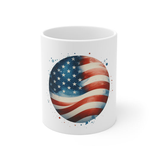 Round American Flag Coffee Mug – Watercolor USA Circle Flag Mug – Patriotic Stars and Stripes Cup – Artistic Red White Blue Mug Mug 11oz