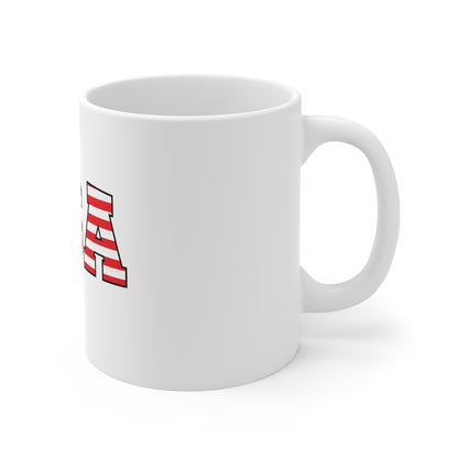 USA American Flag Varsity Mug – Red White Blue Patriotic Coffee Mug – Bold USA Letter Cup – Classic Americana Gift Mug 11oz