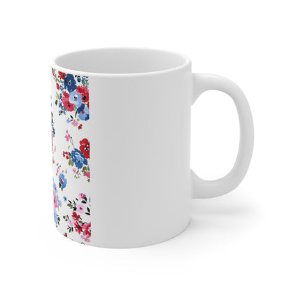 Romantic Patriotic Floral Coffee Mug – Red White Blue Vintage Garden Mug – Soft Americana Bloom Cup – Feminine Shabby Chic Mug Floral Bouquet Ceramic Mug – Vintage Pink & Blue Rose Pattern 11oz...