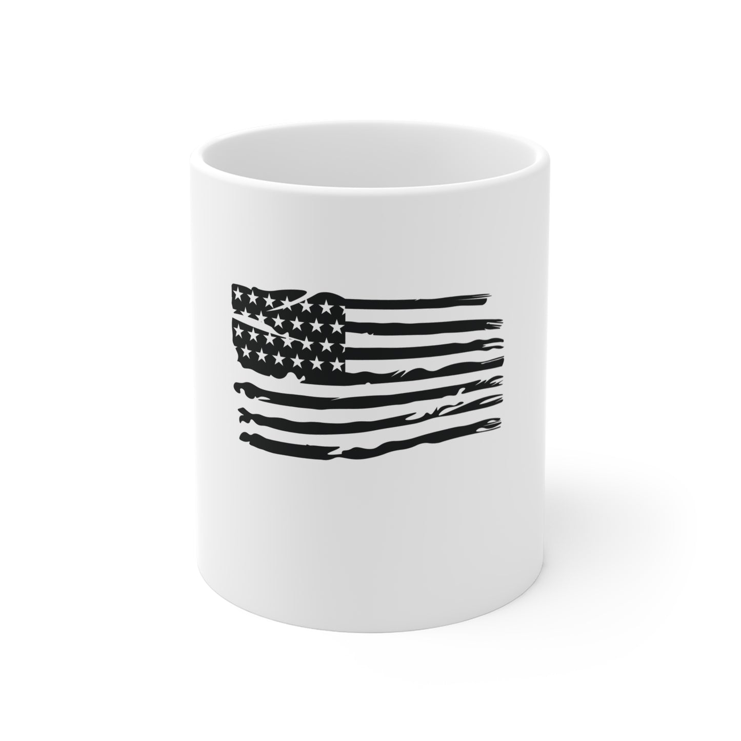 Distressed American Flag Coffee Mug – Grunge USA Flag Mug – Black & White Patriotic Cup – Rustic Americana Gift Mug 11oz
