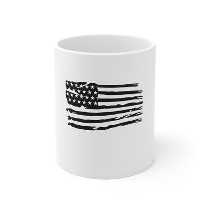 Distressed American Flag Coffee Mug – Grunge USA Flag Mug – Black & White Patriotic Cup – Rustic Americana Gift Mug 11oz