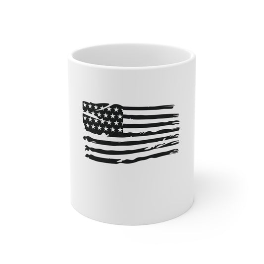 Distressed American Flag Coffee Mug – Grunge USA Flag Mug – Black & White Patriotic Cup – Rustic Americana Gift Mug 11oz