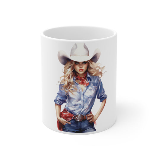 Patriotic Cowgirl Watercolor Mug – Americana Western Woman Coffee Mug – Red White Blue Ranch Style Cup – Strong Female Western Art Mug – Gift for Her Cowgirl Coffee Mug — Western Cowgirl Art 11oz...