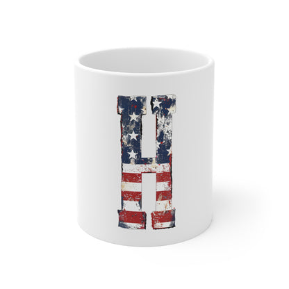 Patriotic Letter H Coffee Mug – American Flag Initial Mug – Rustic USA Monogram Mug – Vintage Americana Alphabet Gift Mug 11oz