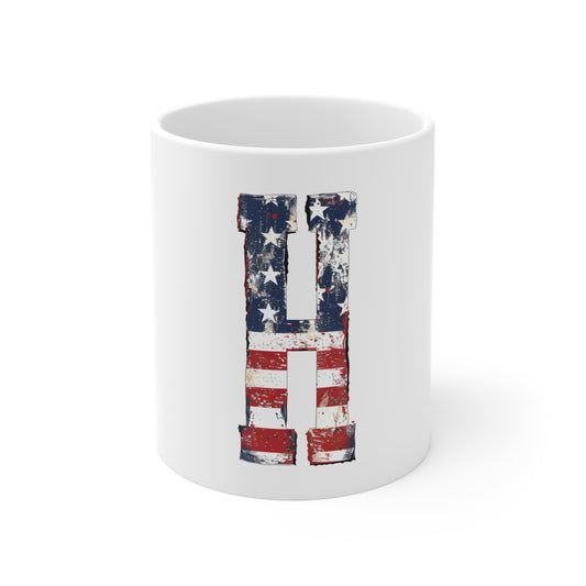 Patriotic Letter H Coffee Mug – American Flag Initial Mug – Rustic USA Monogram Mug – Vintage Americana Alphabet Gift Mug 11oz