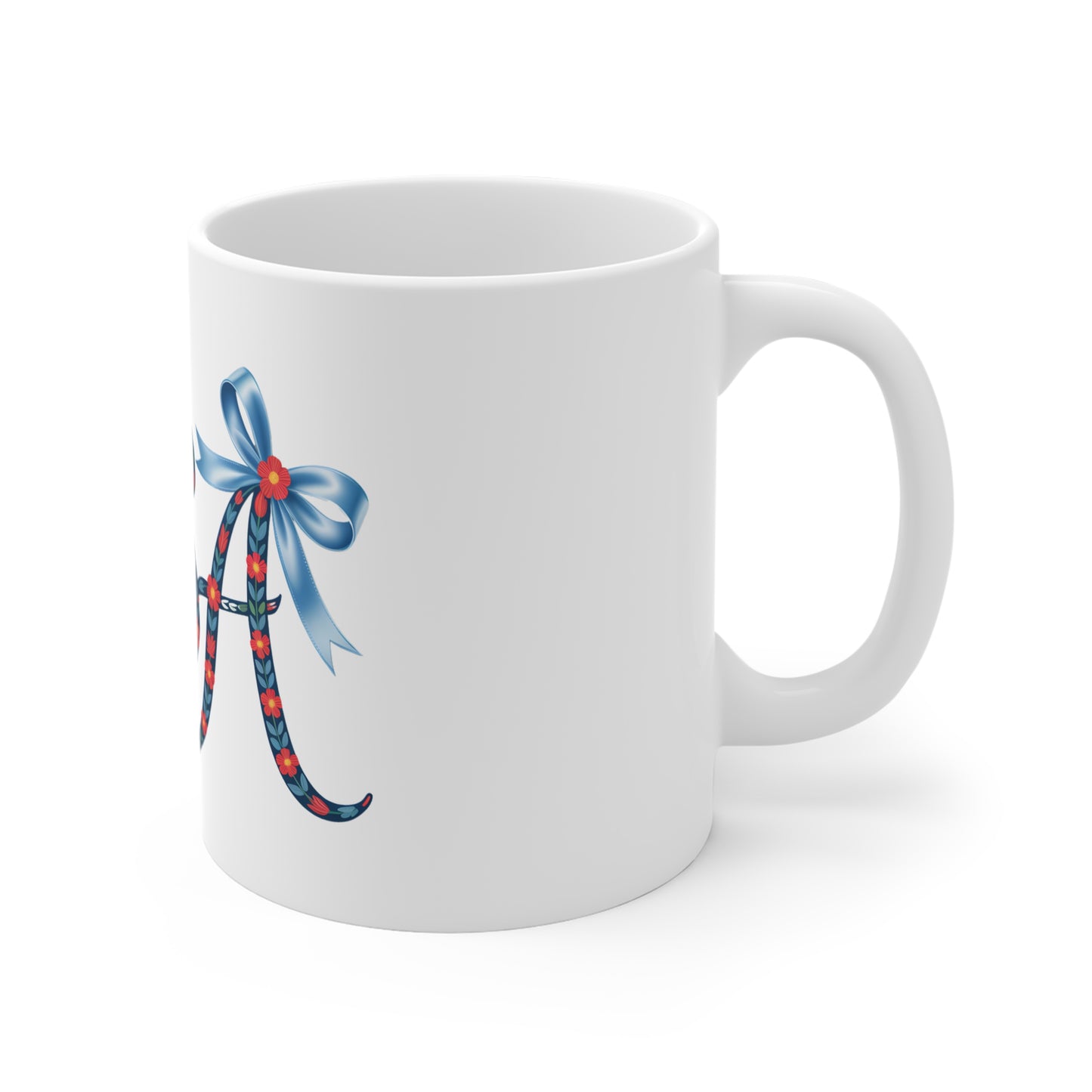 USA Floral Script 11oz Mug — Patriotic Red White Blue Coffee Cup