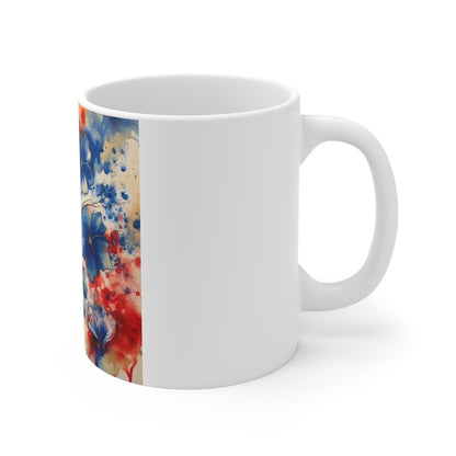 Patriotic Blue Floral Coffee Mug – Watercolor Splash Flower Mug – Red White Blue Artistic Bloom Cup – Americana Art Mug Blue & Red Watercolor Floral Mug — 11oz Artistic Flower Coffee Cup
