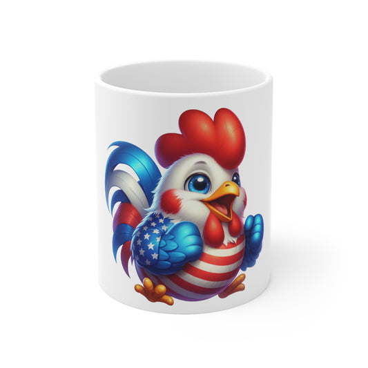 Cute Patriotic Rooster Coffee Mug – Red White Blue Chicken Mug – Kawaii Americana Farm Animal Cup – Adorable USA Gift Mug 11oz