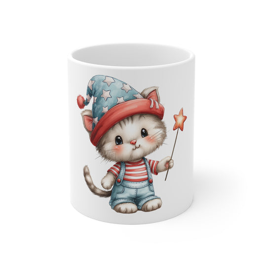 Patriotic Kitten Sparkler Coffee Mug – Cute Americana Cat Mug – Red White Blue Hat Cat Cup – Adorable 4th of July Gift Mug Cute Kitten Magic Mug — Whimsical Cat with Star Wand 11oz