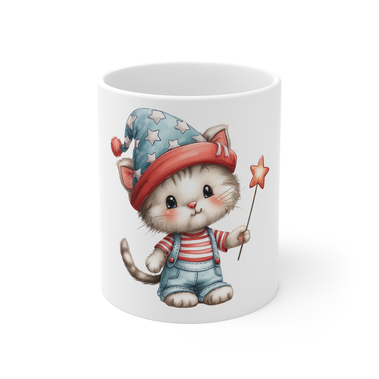 Patriotic Kitten Star Wand Coffee Mug – Cute 4th of July Cat Mug – Red White Blue Hat Kitten Cup – Adorable Americana Gift Mug Cute Kitten Magic Mug — Whimsical Cat with Star Wand 11oz