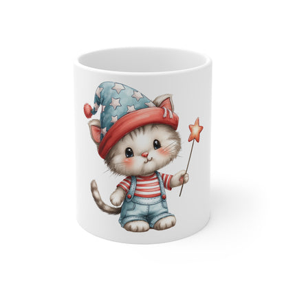 Patriotic Kitten Star Wand Coffee Mug – Cute 4th of July Cat Mug – Red White Blue Hat Kitten Cup – Adorable Americana Gift Mug Cute Kitten Magic Mug — Whimsical Cat with Star Wand 11oz
