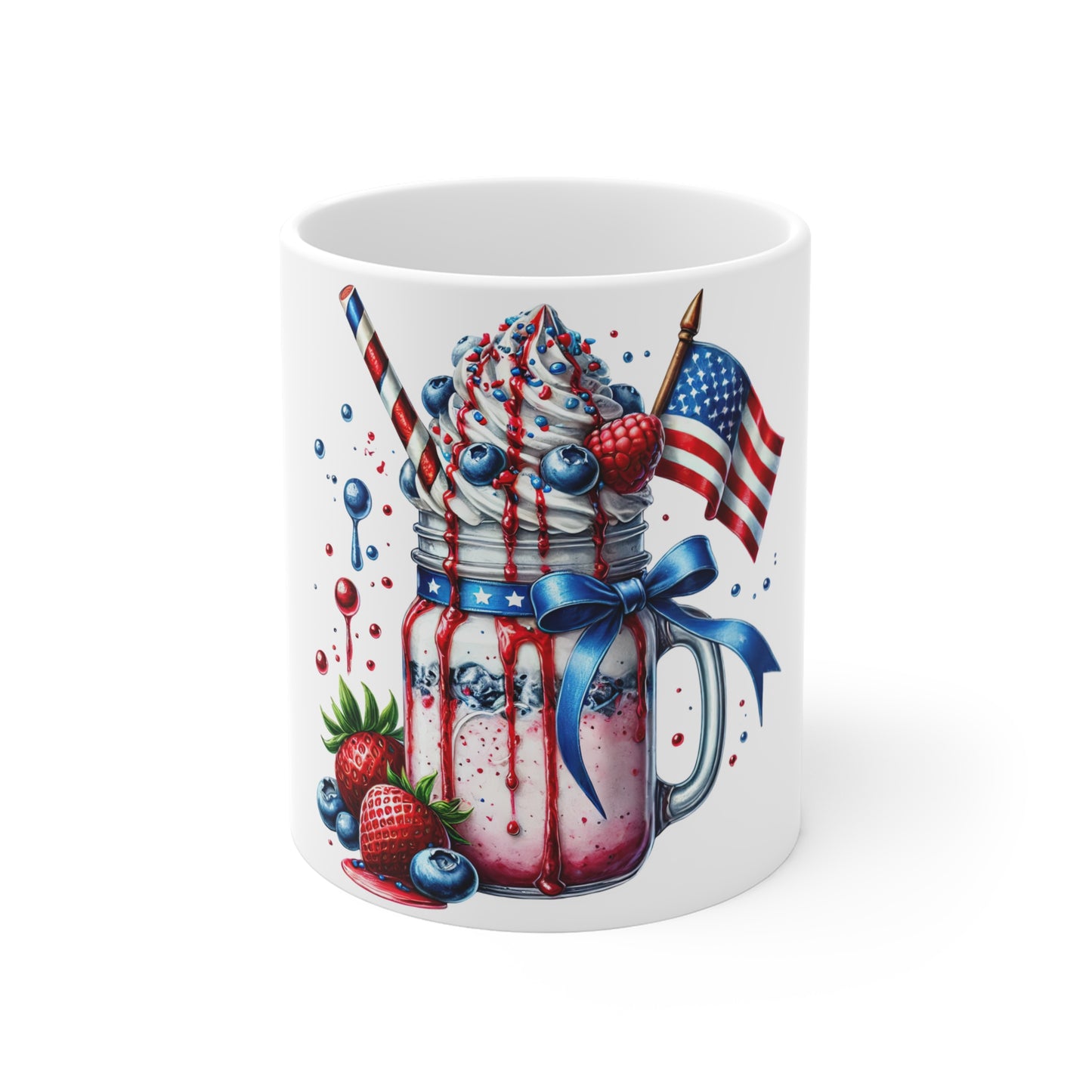 Patriotic Berry Sundae Coffee Mug – 4th of July Mason Jar Milkshake Mug – Red White Blue Ice Cream Cup with American Flag – Americana Dessert Mug Patriotic Berry Milkshake Mug - 11oz Fourth of July...