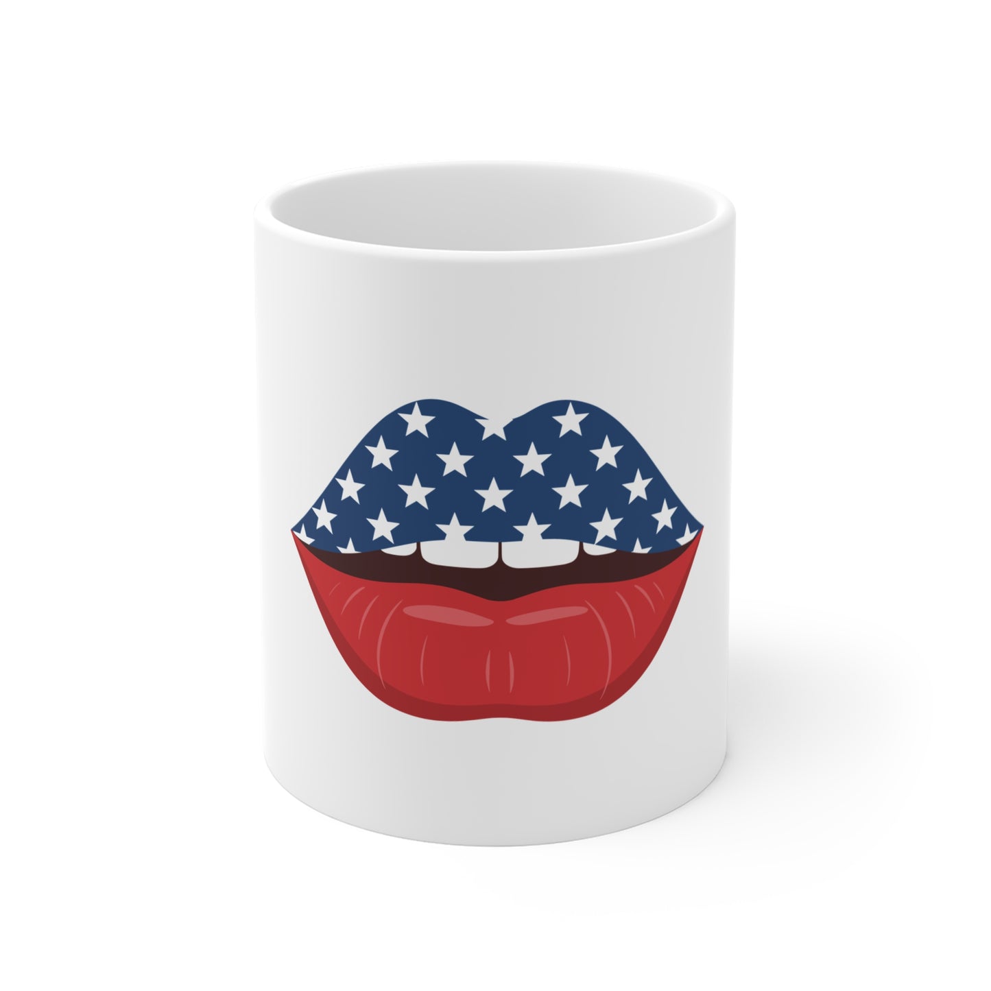 Patriotic Lips Coffee Mug – American Flag Kiss Mug – Bold USA Pop Art Cup – Fun 4th of July Gift Mug Mug 11oz