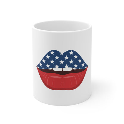 Patriotic Lips Coffee Mug – American Flag Kiss Mug – Bold USA Pop Art Cup – Fun 4th of July Gift Mug Mug 11oz