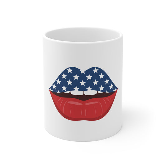 Patriotic Lips Coffee Mug – American Flag Kiss Mug – Bold USA Pop Art Cup – Fun 4th of July Gift Mug Mug 11oz