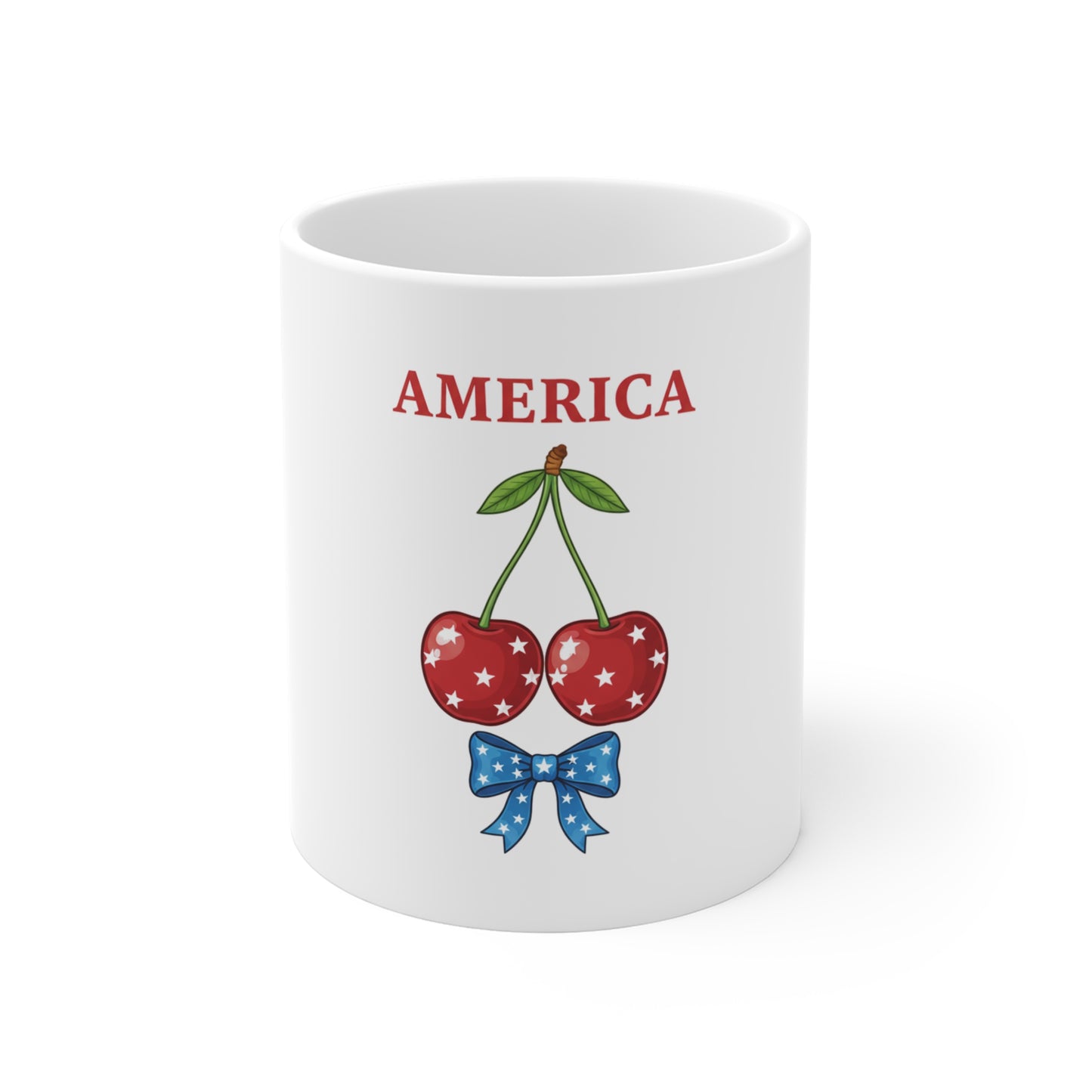 America Patriotic Cherry Coffee Mug – Cute USA Cherry & Bow Mug – Red White Blue Americana Mug – Fun Patriotic Gift Mug 11oz