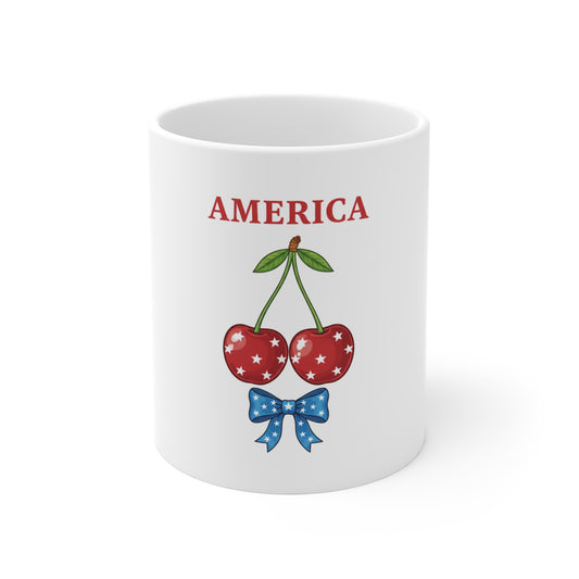 America Patriotic Cherry Coffee Mug – Cute USA Cherry & Bow Mug – Red White Blue Americana Mug – Fun Patriotic Gift Mug 11oz