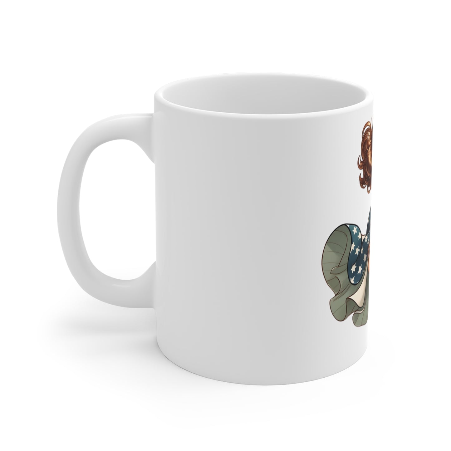 Patriotic Pin-Up Girl Coffee Mug – Vintage Americana Woman Mug – Retro USA Flag Dress Cup – Classic American Beauty Art Mug – Gift for Her Mug 11oz