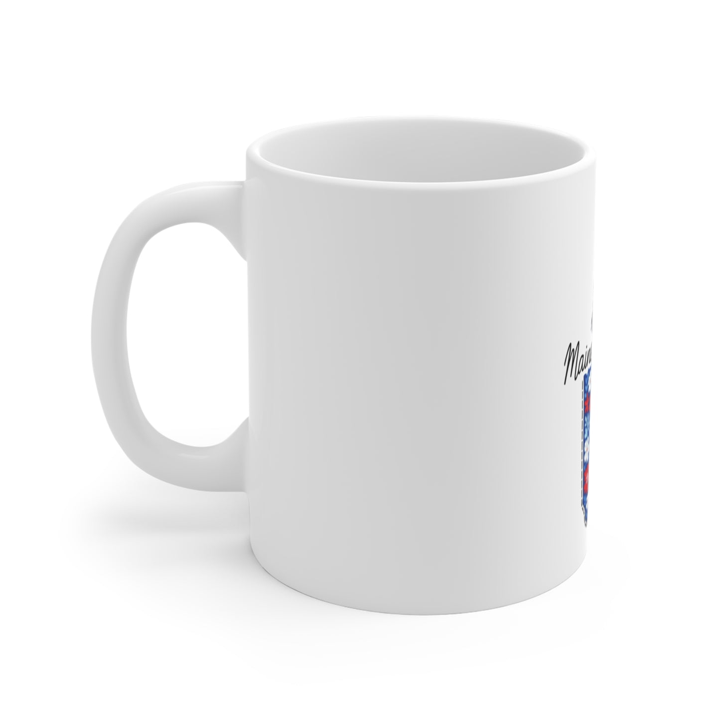 Maine Floral State Outline Mug — Red, White & Blue Flower Pattern with Ribbon (11 oz)