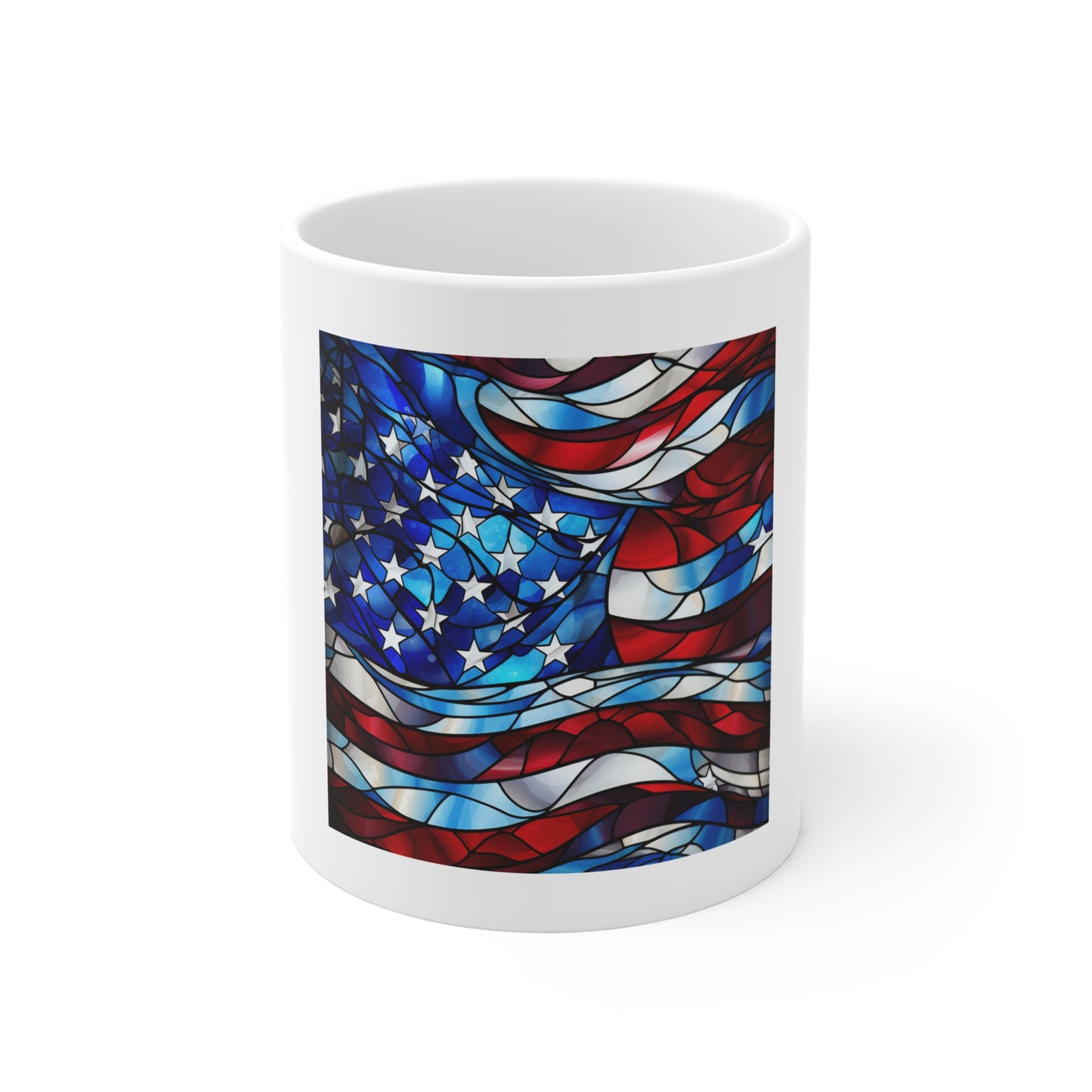 Stained Glass American Flag Coffee Mug – Flowing Wave Patriotic Mug – Colorful USA Flag Cup – Artistic Americana Gift – Premium Art Mug