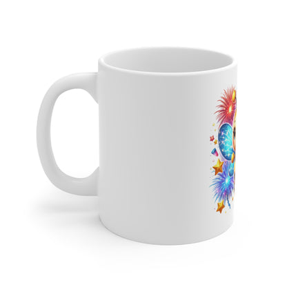 Cute Patriotic Bee Coffee Mug – Fireworks Bumblebee Mug – Adorable Americana Insect Cup – Colorful Celebration Mug 11oz