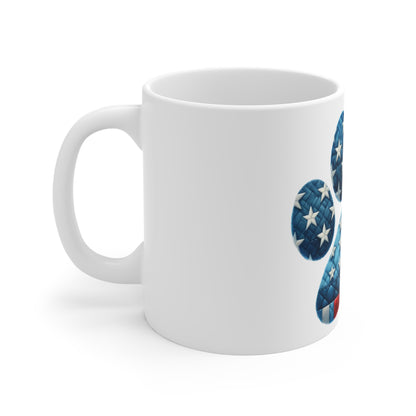 Bold Americana Dog Paw Coffee Mug – Red White Blue Star Quilt Paw Print Mug – Patriotic Dog Lover Gift – USA Flag Style Mug American Flag Paw Print Mug — 11oz Patriotic Dog Lover Coffee Cup