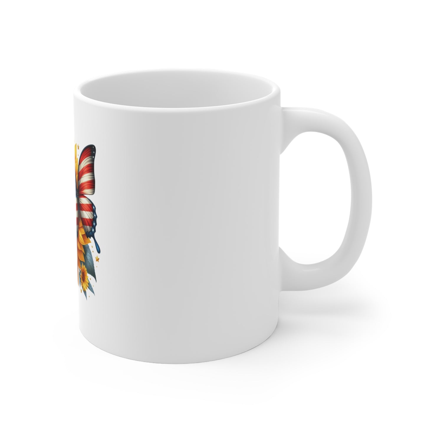 Sunflower with American Flag Butterfly Mug — Patriotic 11oz Coffee Cup