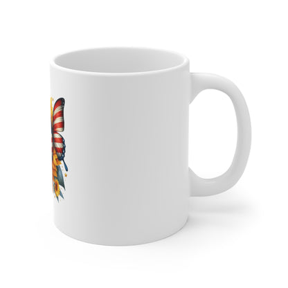 Sunflower with American Flag Butterfly Mug — Patriotic 11oz Coffee Cup