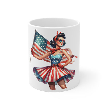 Patriotic Star Dress Pin Up Mug – American Flag Glam Coffee Mug – Vintage Americana Woman Cup – 4th of July Gift – USA Pride Mug 11oz Mug — Patriotic Pin-Up Girl with American Flag (Fourth of July,...