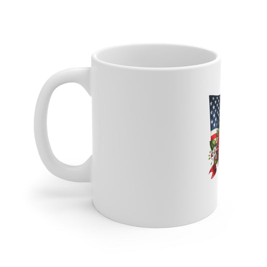 Patriotic Floral Mug — American Flag with Daisies & Roses 11oz