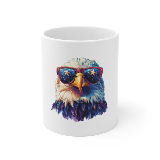 Patriotic Eagle Mug — Bald Eagle with Star-Spangled Sunglasses (11oz)