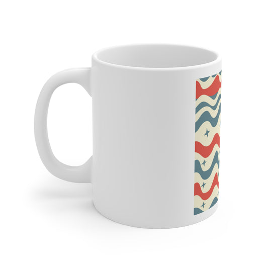 Wavy Americana Pattern Coffee Mug – Patriotic Wave Stripe Mug – Red White Blue Retro Pattern Cup – Vintage USA Ripple Design Mug Retro Wavy Stars Coffee Mug — 11oz Vintage Red & Blue Pattern