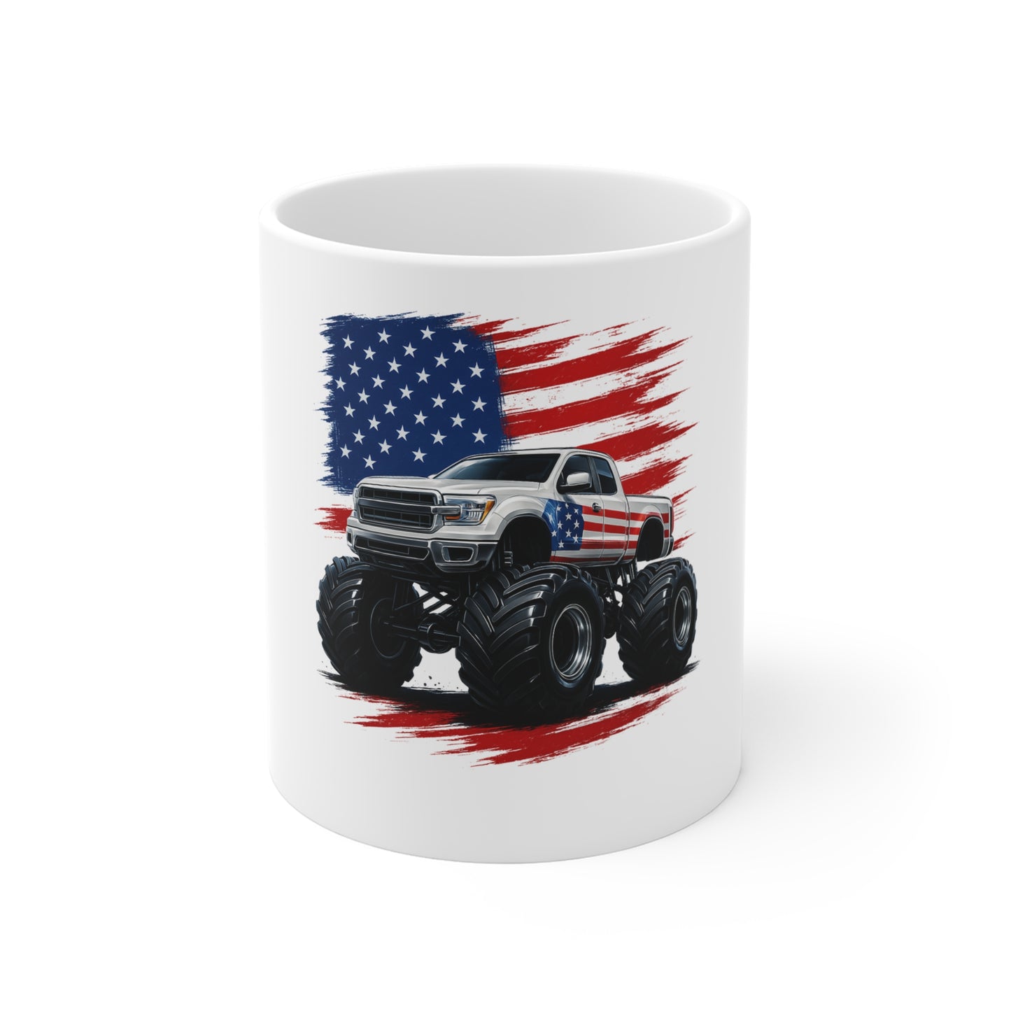 Patriotic Monster Truck Mug – American Flag 11oz Coffee Cup