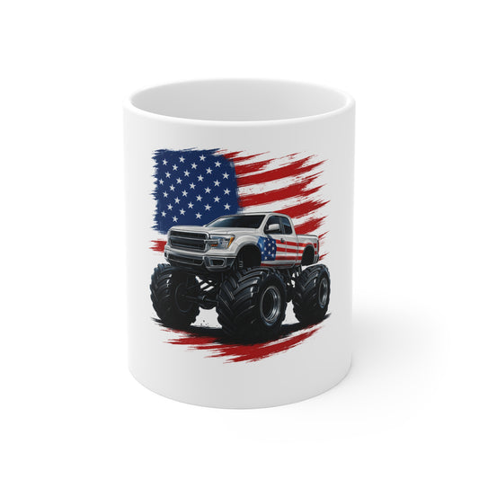 Patriotic Monster Truck Mug – American Flag 11oz Coffee Cup