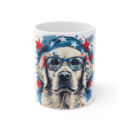 Patriotic Golden Retriever Coffee Mug – USA Dog with Glasses Mug – Americana Puppy Art Cup – Fun 4th of July Gift Mug 11oz