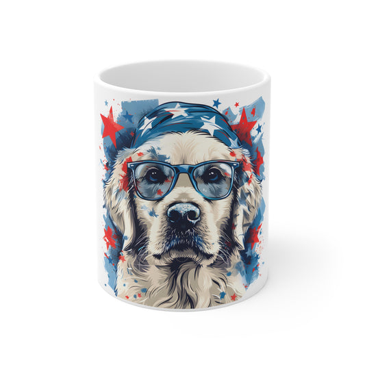 Patriotic Golden Retriever Coffee Mug – USA Dog with Glasses Mug – Americana Puppy Art Cup – Fun 4th of July Gift Mug 11oz