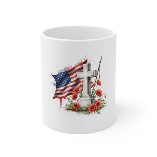Memorial Flag & Cross Coffee Mug — American Flag, Cross & Poppies 11oz