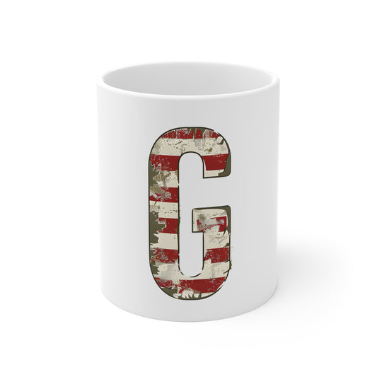 Patriotic Letter G Coffee Mug – American Flag Initial Mug – Rustic USA Monogram Mug – Vintage Americana Alphabet Gift Mug 11oz