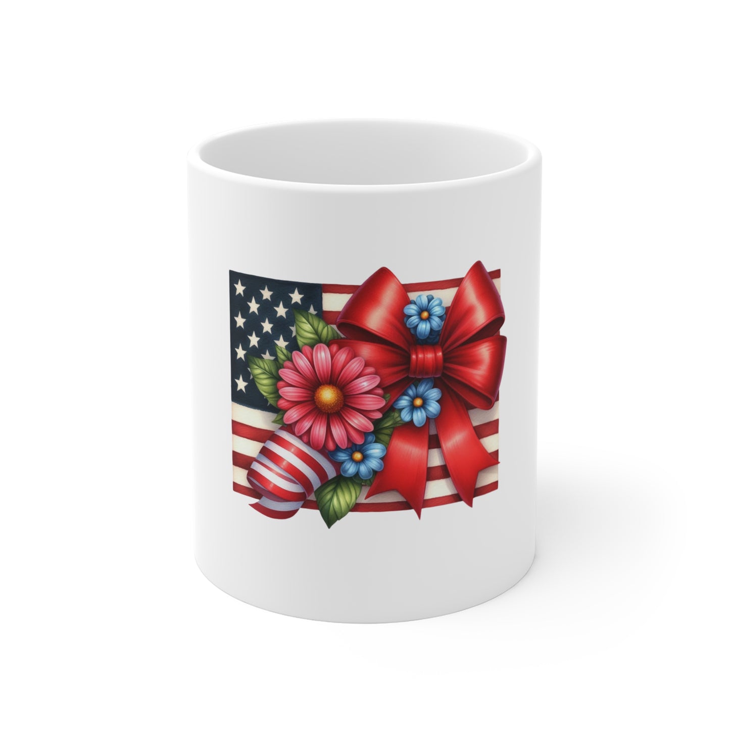 Patriotic Floral Flag Mug — 11oz American Flag Coffee Cup with Red Bow & Flowers — Fourth of July, Memorial Day Gift
