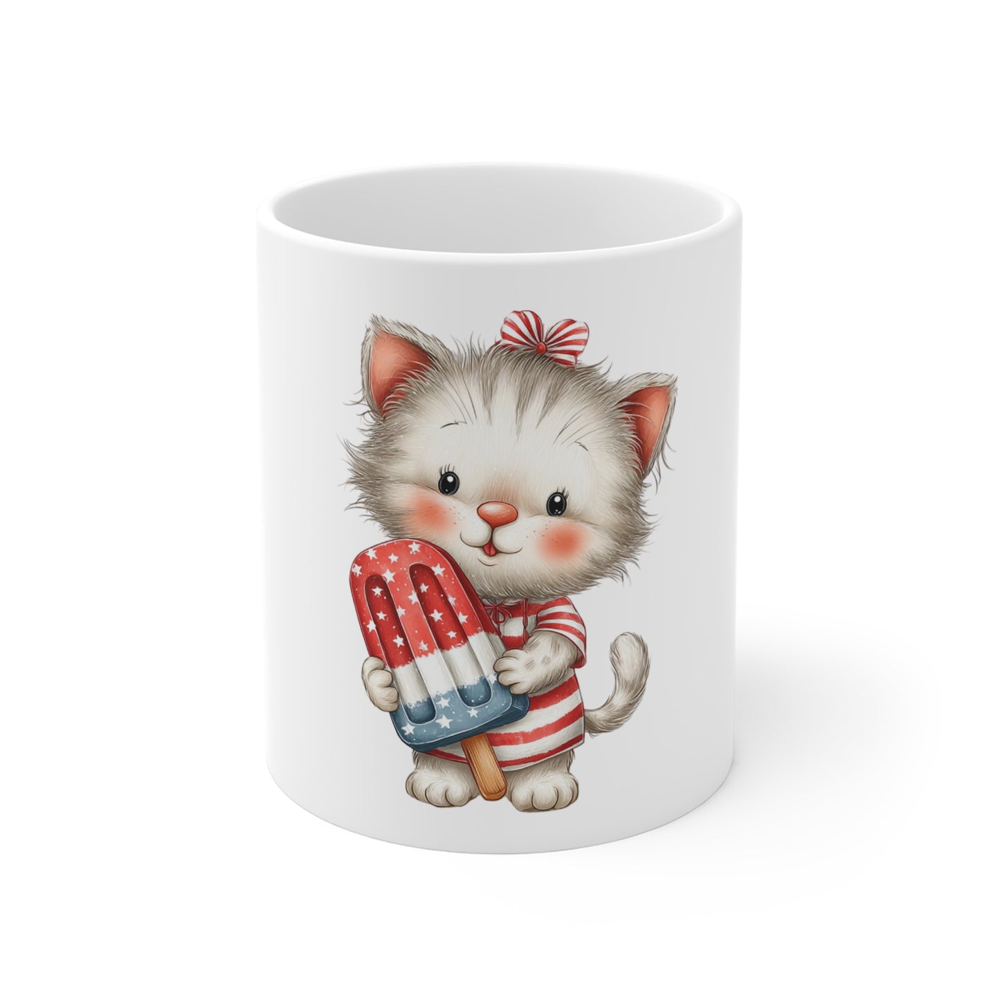 Patriotic Kitten Popsicle Coffee Mug – Cute 4th of July Cat Mug – Red White Blue Kawaii Animal Cup – Adorable Americana Gift Mug Cute Patriotic Kitten Mug – 11oz Red White & Blue Popsicle Cat Coffee...