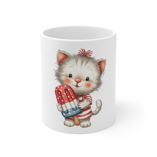Patriotic Kitten Popsicle Coffee Mug – Cute 4th of July Cat Mug – Red White Blue Kawaii Animal Cup – Adorable Americana Gift Mug Cute Patriotic Kitten Mug – 11oz Red White & Blue Popsicle Cat Coffee...