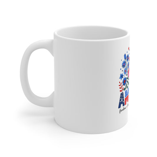 America Floral 11oz Mug — Patriotic Red White Blue Coffee Cup